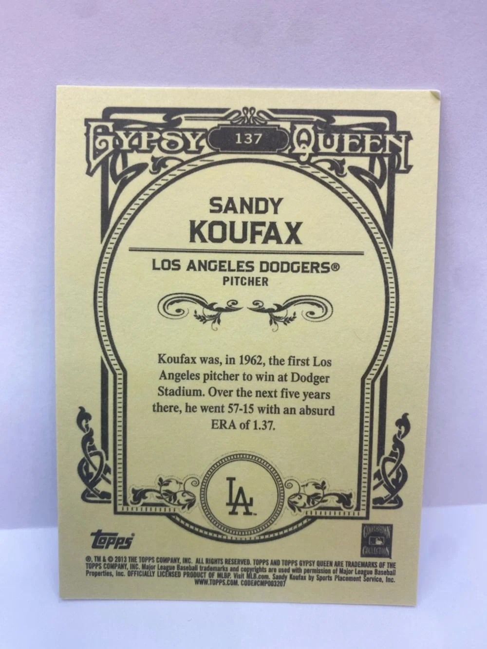 2013 Topps Gypsy Queen Sandy Koufax Dodgers #137 (087) - Picture 2 of 2